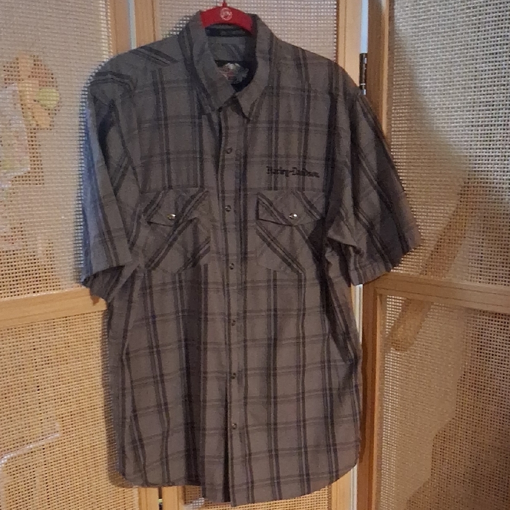 Harley-Davidson Mens Black and Gray Plaid Snap Front Shirt